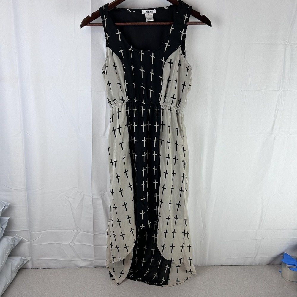 Dizzire Dress Womens Small Black Beige Sleeveless Maxi Tank Cross Print Grunge